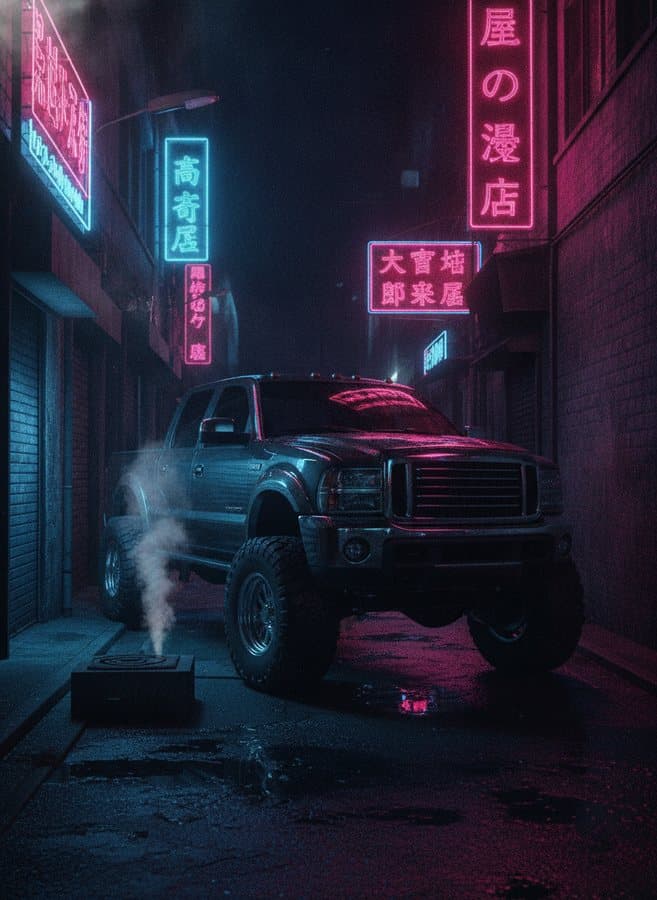 Neon Alley — Tight backstreet, signage glowing off the paint